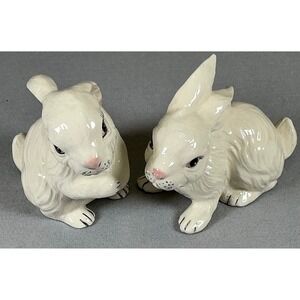 Vintage Style Glossy Ceramic White Bunny Rabbit Figurines Set of 2 Easter Decor